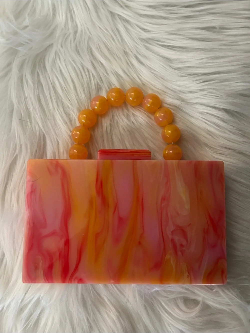 NWT Marbled Orange-Pink Acrylic Top-Handle Clutch w/ chain